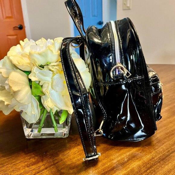 Michael Kors Black Patent Leather Mini Backpack With Rainbow Zippers 7"x 9"x 4" - Picture 4 of 7